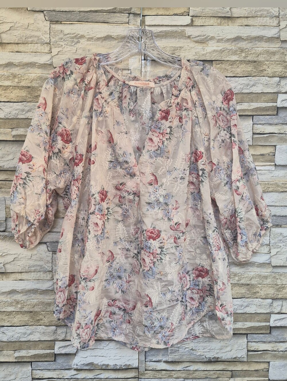 ​Olivaceous Floral Blouse Women's L Pink/Blue Cottagecore Boho Puff Sleeve